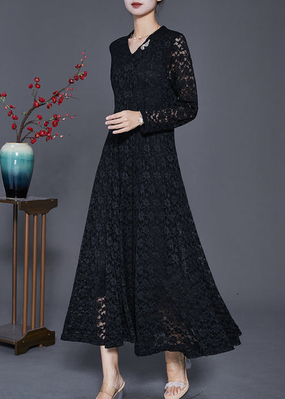 Black Silm Fit Lace a Line Dresses Hollow Out Spring