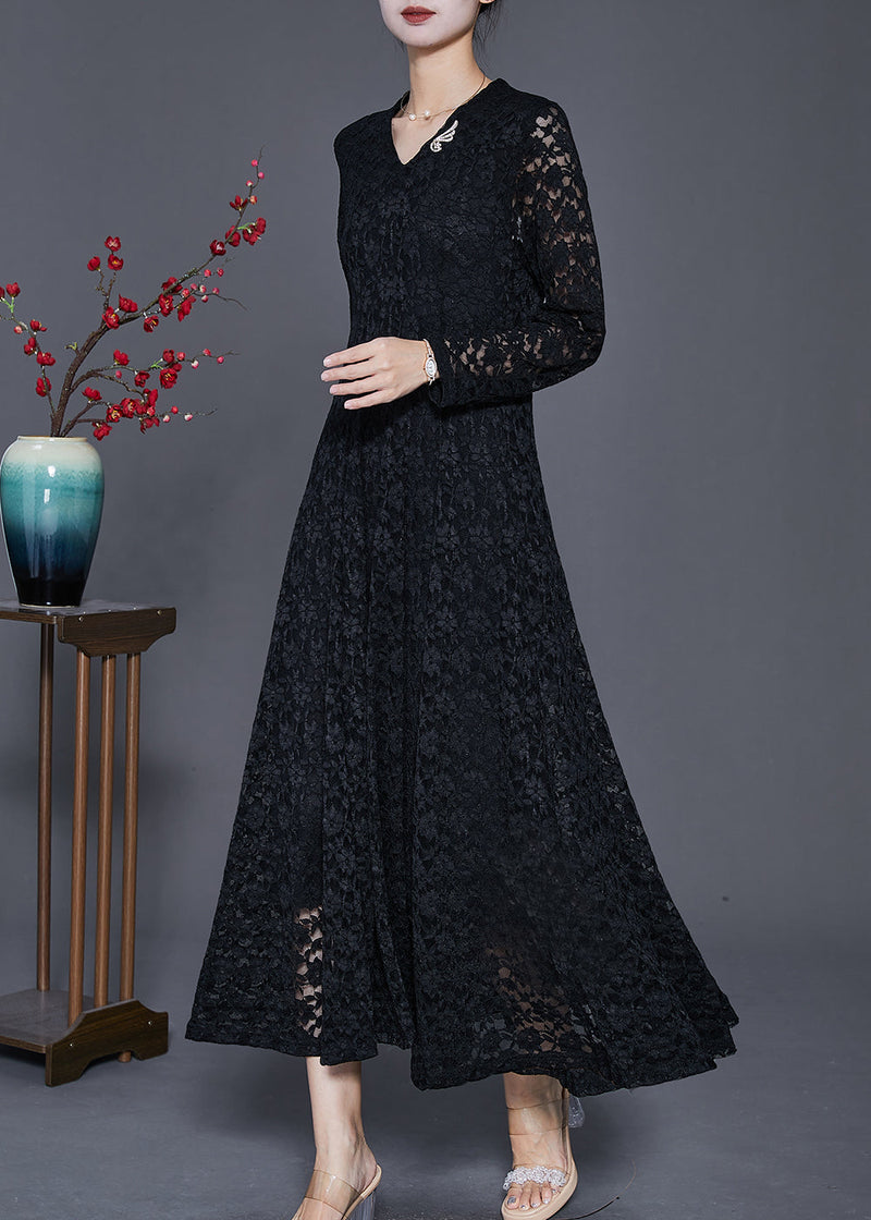 Black Silm Fit Lace a Line Dresses Hollow Out Spring