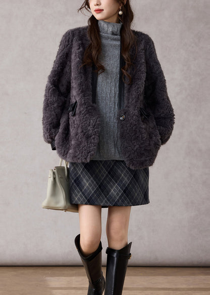 Dark Grey V Neck Patchwork Faux Fur Coats Winter