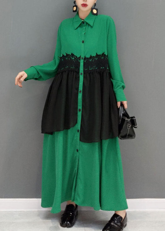 Green Button Peter Pan Collar Lace Patchwork Shirt Dress Spring