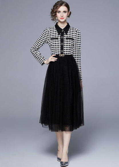 Black Peter Pan Collar Patchwork Tulle Cinch Dress Spring