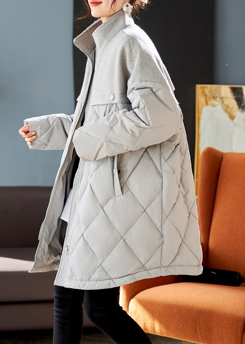 Grey Woolen Patchwork Duck Down Down Coat Winter