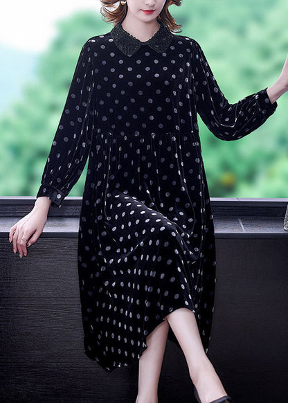 Black Peter Pan Collar Dot Velour Dresses Spring