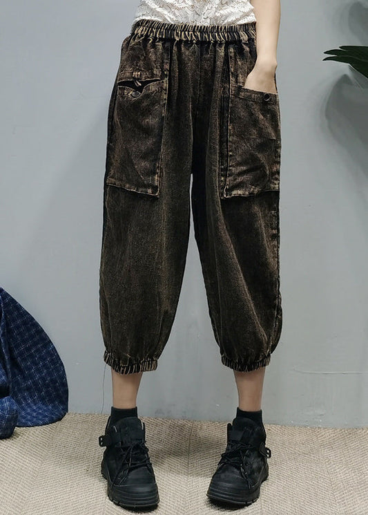 Loose Black Elastic Waist Pockets Linen Pants Spring