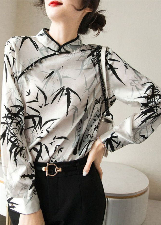White Mandarin Collar Print Chiffon Shirt Top Spring