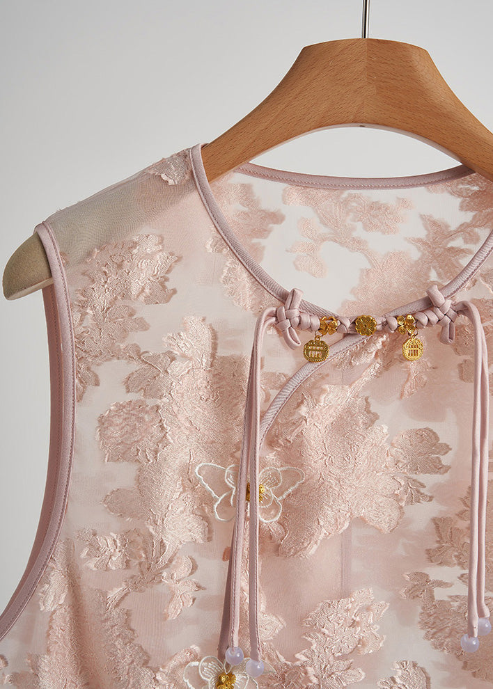 Pink Ruffled Jacquard Silk Vest Sleeveless