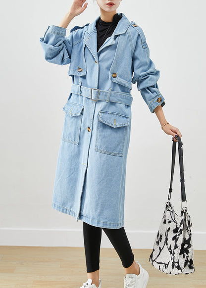 Italian Light Blue Notched Tie Waist Denim Trench Coat Spring