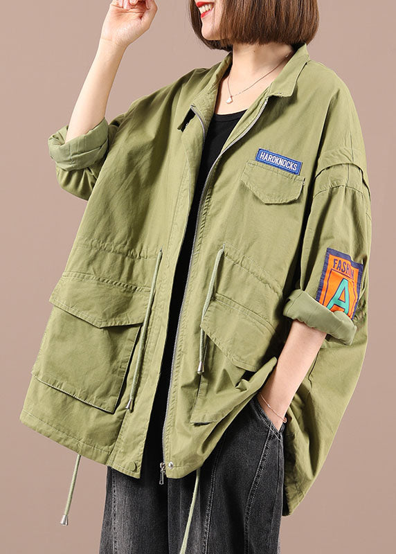 Organic Light Green Loose Zippered Pockets Fall Tie Waist Long Sleeve Coat