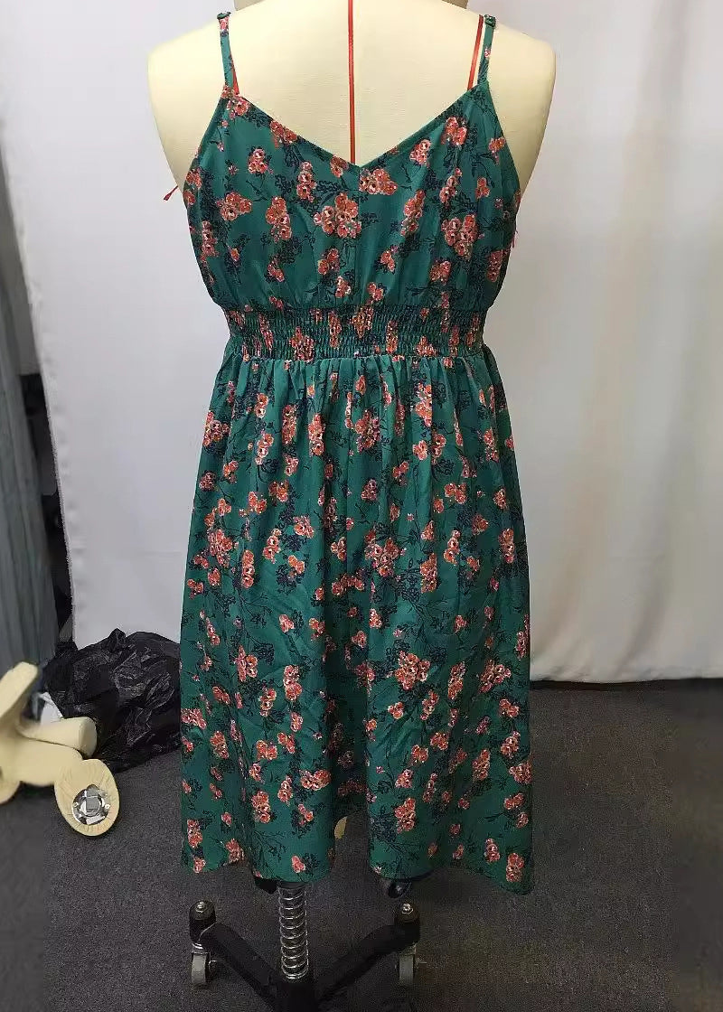 Green Print Low High Design Spaghetti Strap Mid Dress Summer