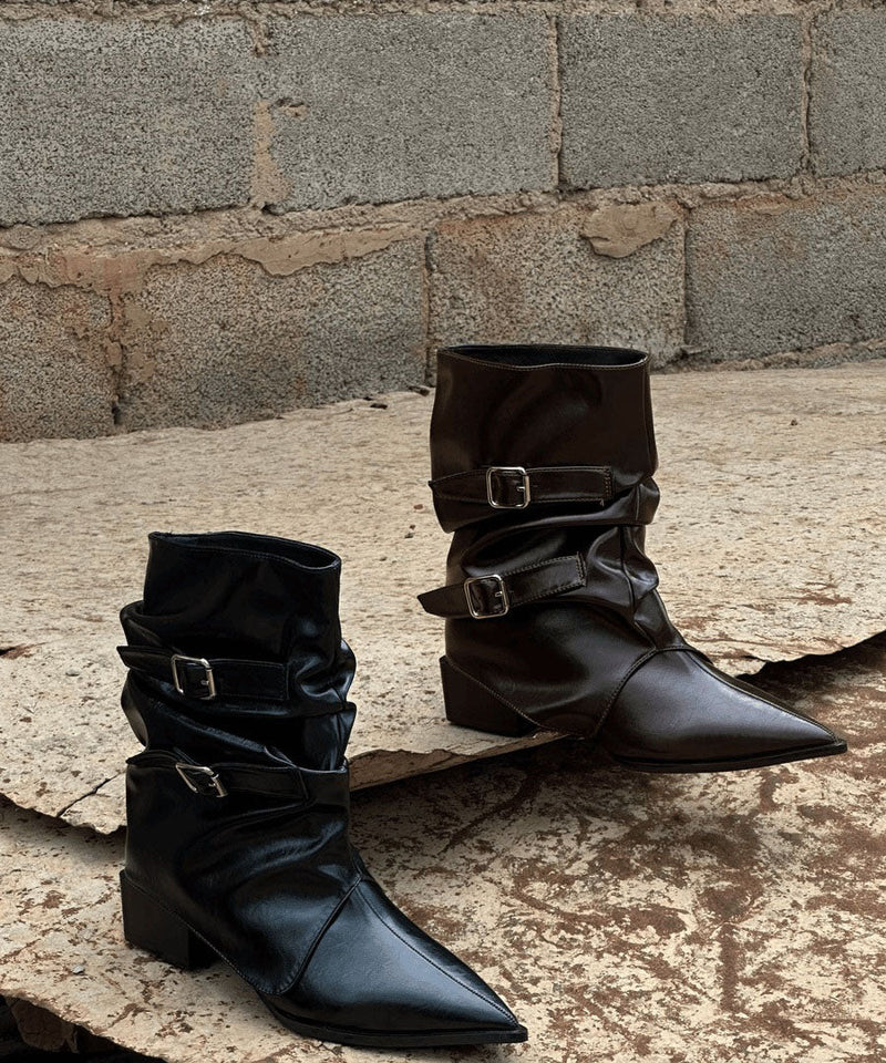 Splicing Chunky Boots Black Faux Leather Pointed Toe