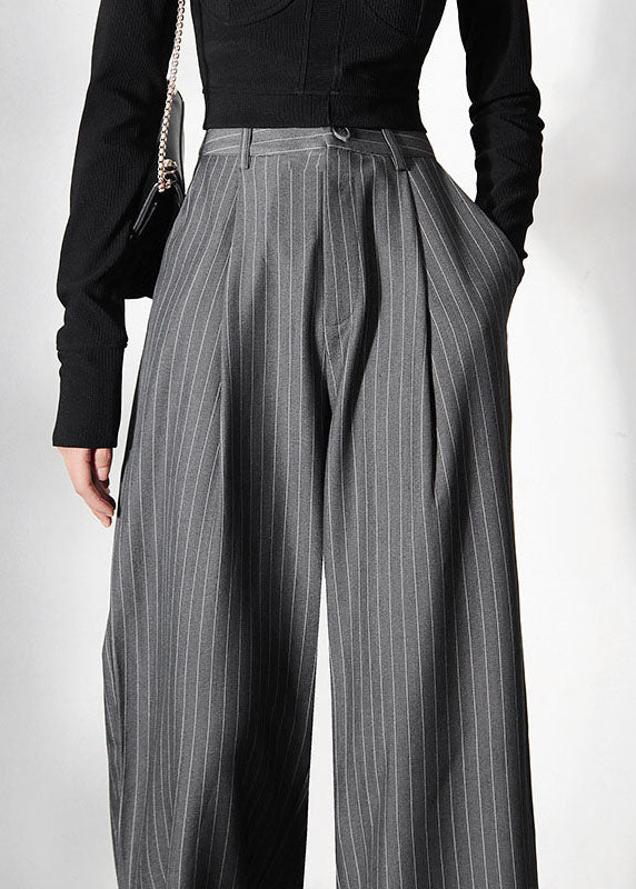 Grey Striped Pockets Wide Leg Pants Spring