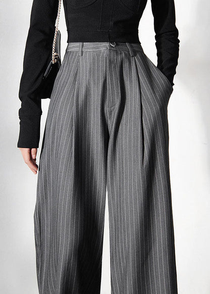 Grey Striped Pockets Wide Leg Pants Spring