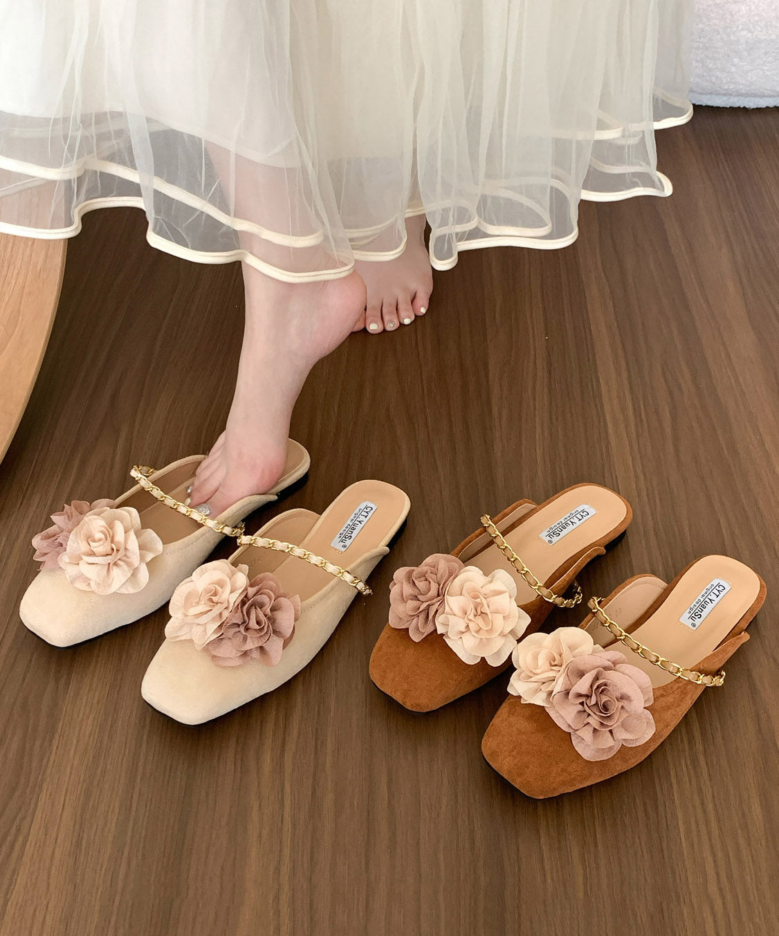 Beige Suede New Retro Splicing Slide Sandals