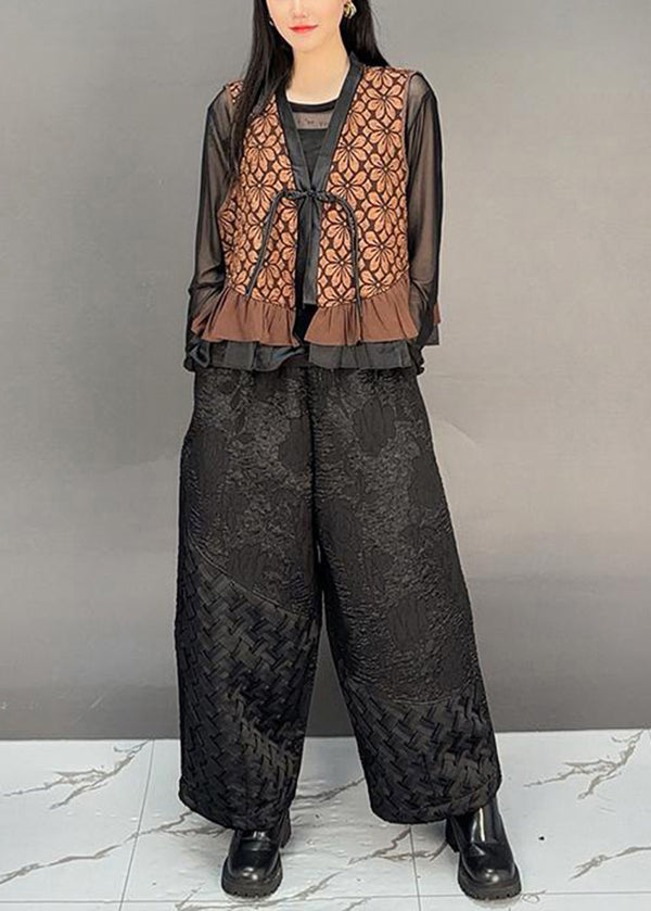Brown V Neck Tassel Ruffled Cotton Vest Fall