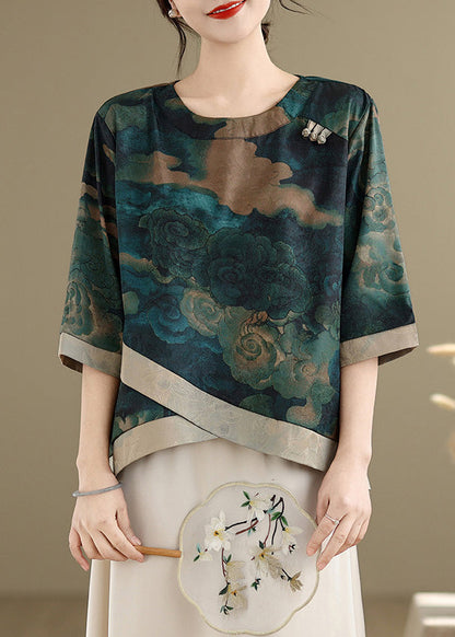 Green Asymmetrical Print Silk Blouses Half Sleeve Fall