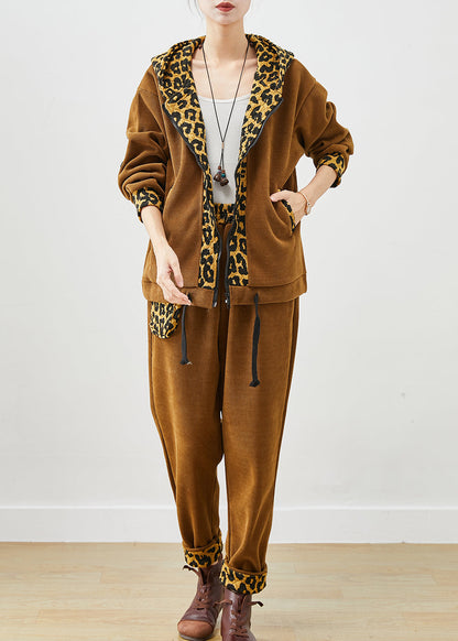 Diy Khaki Leopard Patchwork Drawstring Warm Fleece Two Pieces Set Winter