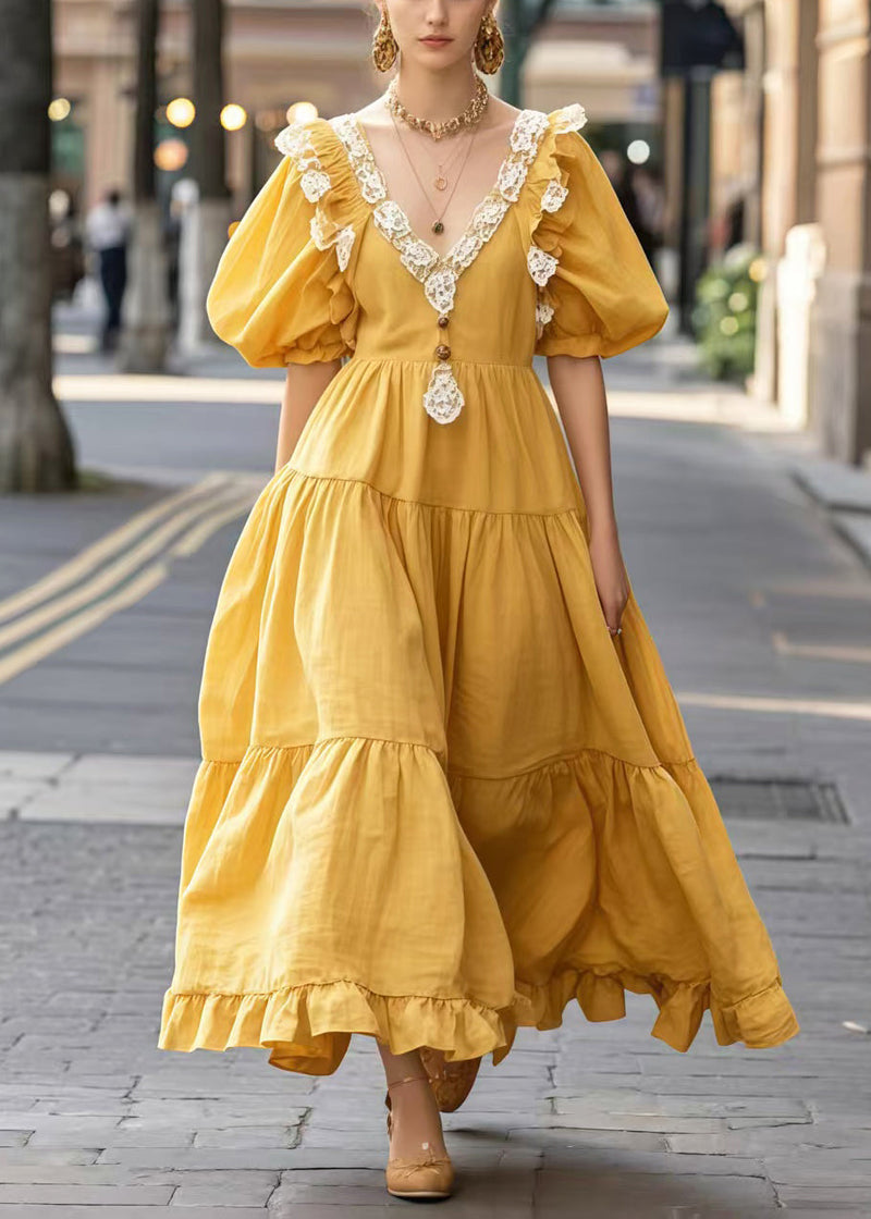 Yellow Puff Sleeve Patchwork Lace Vacation Dresses