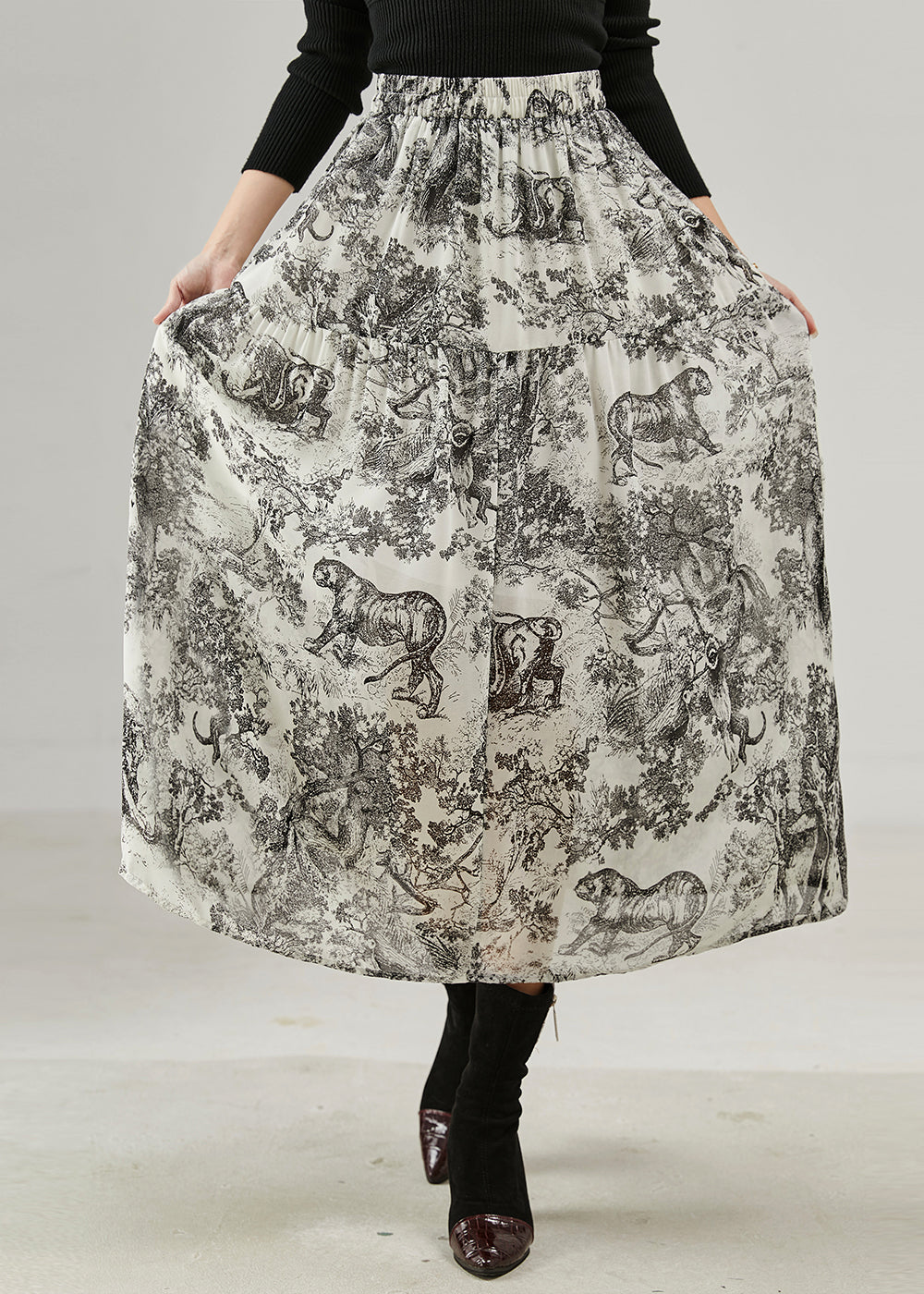 Black Print Cotton a Line Skirts Spring