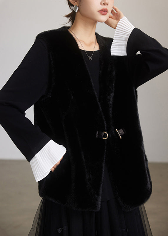 Brief Coffee V Neck Leather and Fur Waistcoat Spring