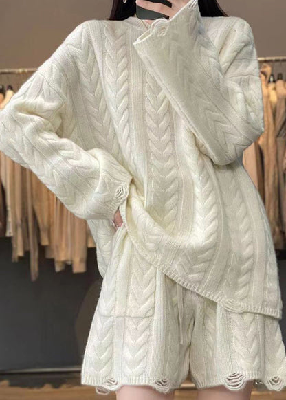 Apricot O-neck Tops and Shorts Knit Two Pieces Set Fall
