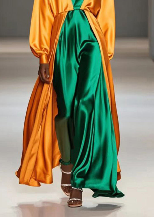 Yellow V Neck Patchwork Silk Fake Two Piece Long Dress Fall