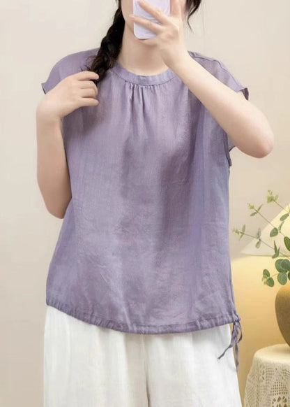 Blue Button Lace Up Linen Shirts Summer