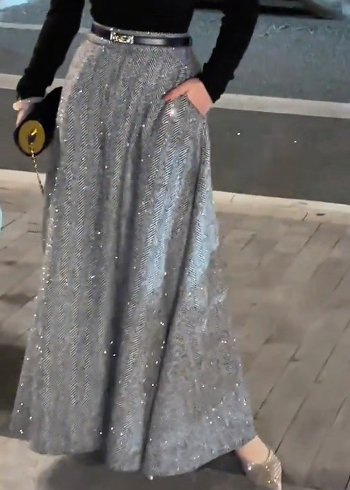 Grey Pockets High Waist Woolen Skirt Fall