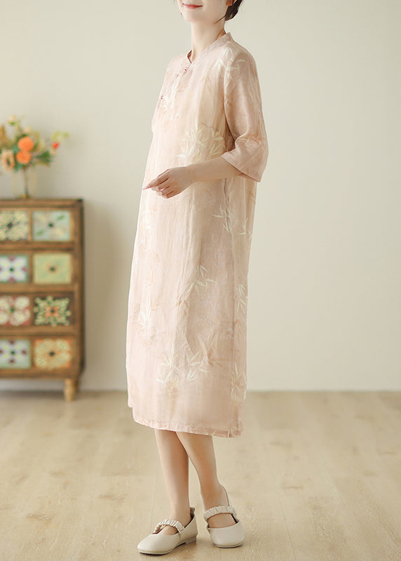 Pink Print Pockets Cotton Dress Half Sleeve