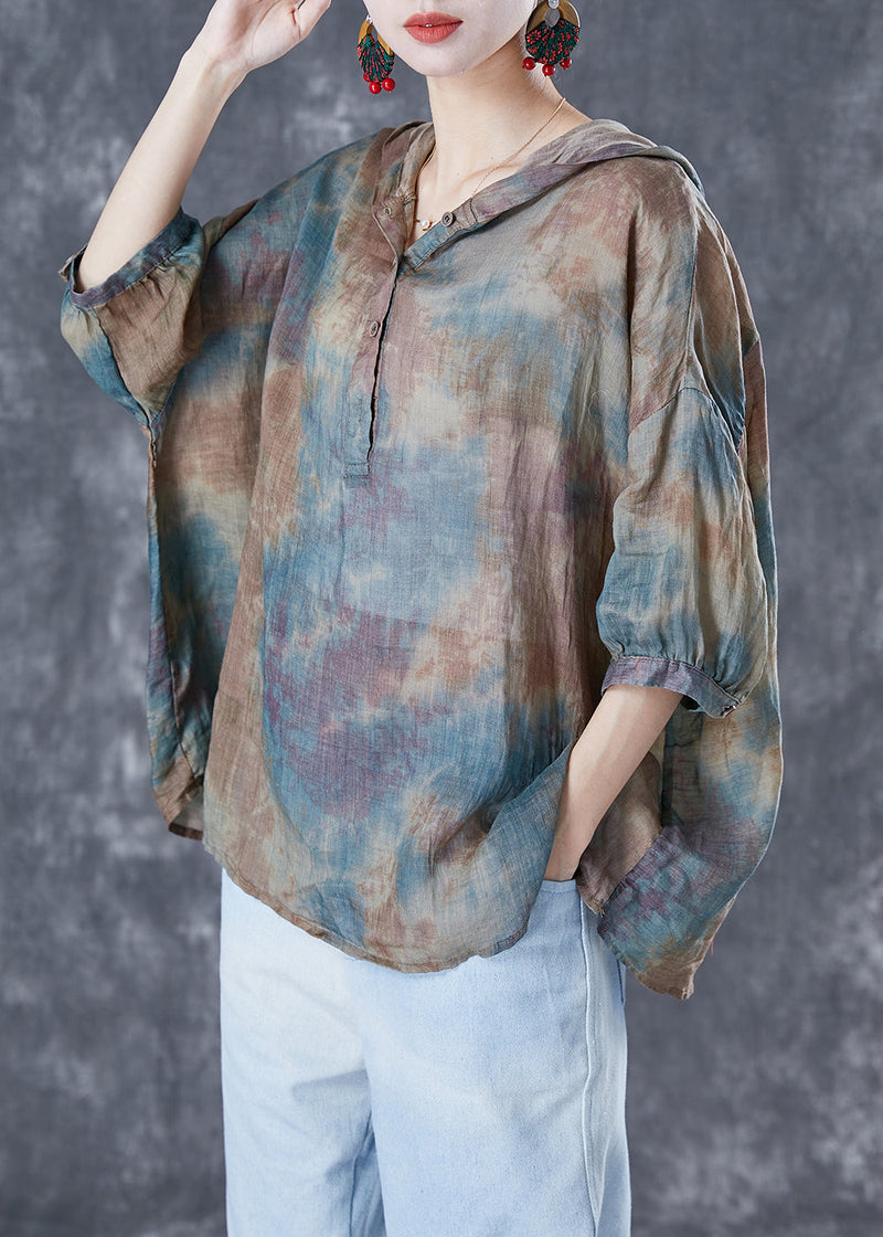 Blue Oversized Tie Dye Linen Shirt Tops Bracelet Sleeve