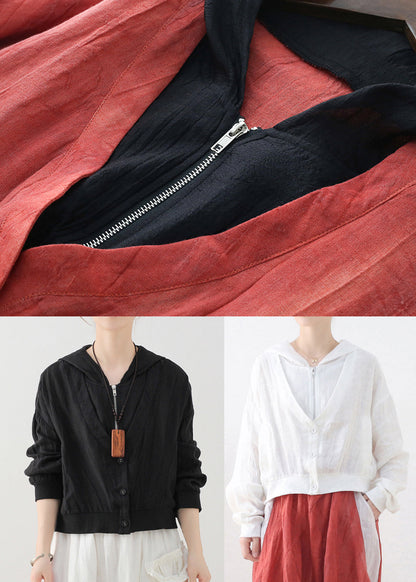 Black Hooded Zippered Pockets Linen Coat Long Sleeve
