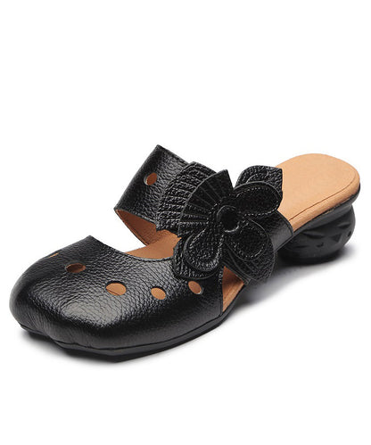 Splicing Hollow Out Chunky Black Cowhide Leather Slide Sandals