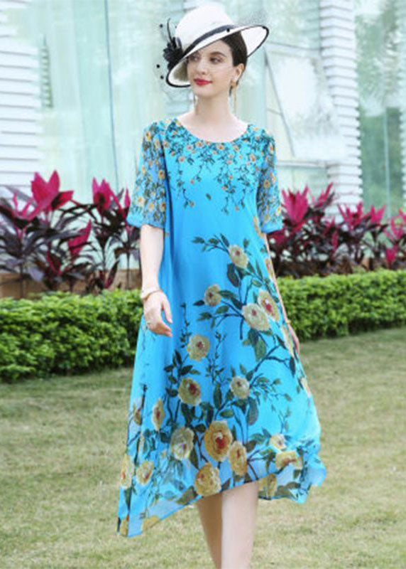 Blue O-neck Print Silk Vacation Dress Summer