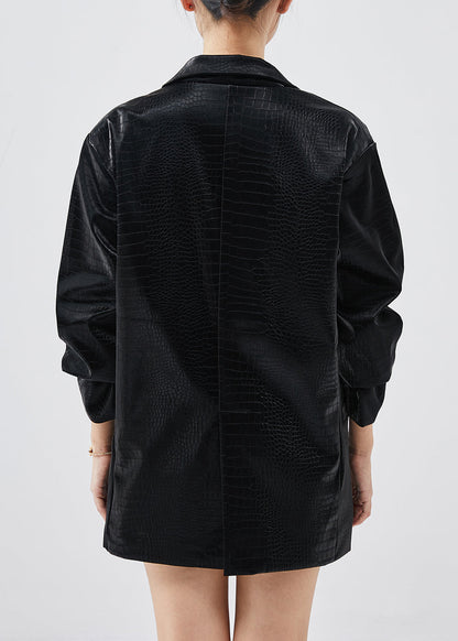Black Faux Leather Jacket Oversized Metal Chain Spring