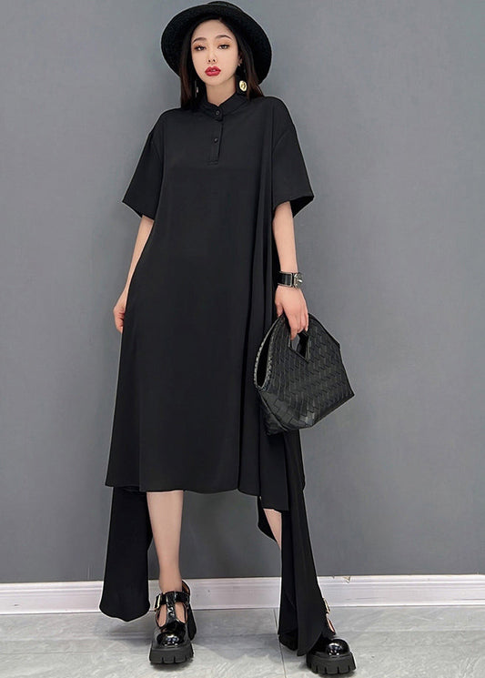 Black Asymmetrical Design Chiffon Long Dresses Short Sleeve