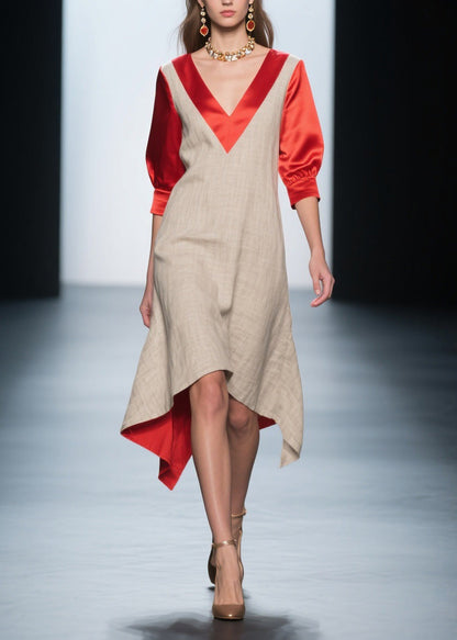 Colorblock V Neck Patchwork Linen Silk Dresses Summer