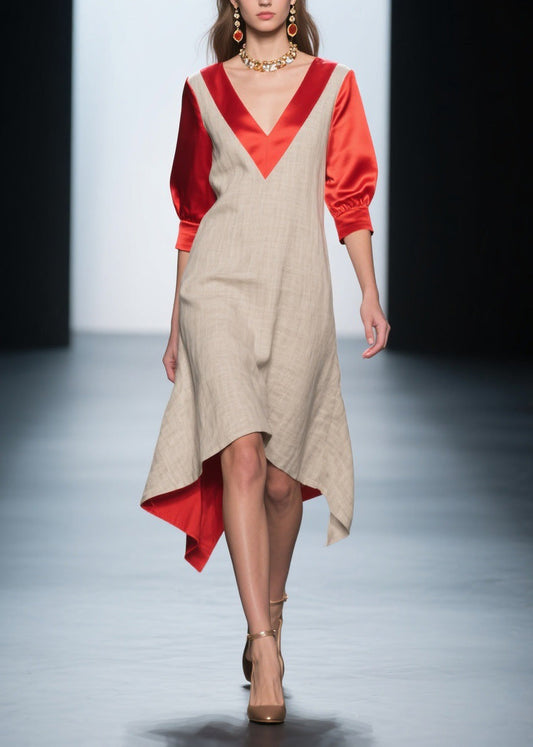 Colorblock V Neck Patchwork Linen Silk Dresses Summer