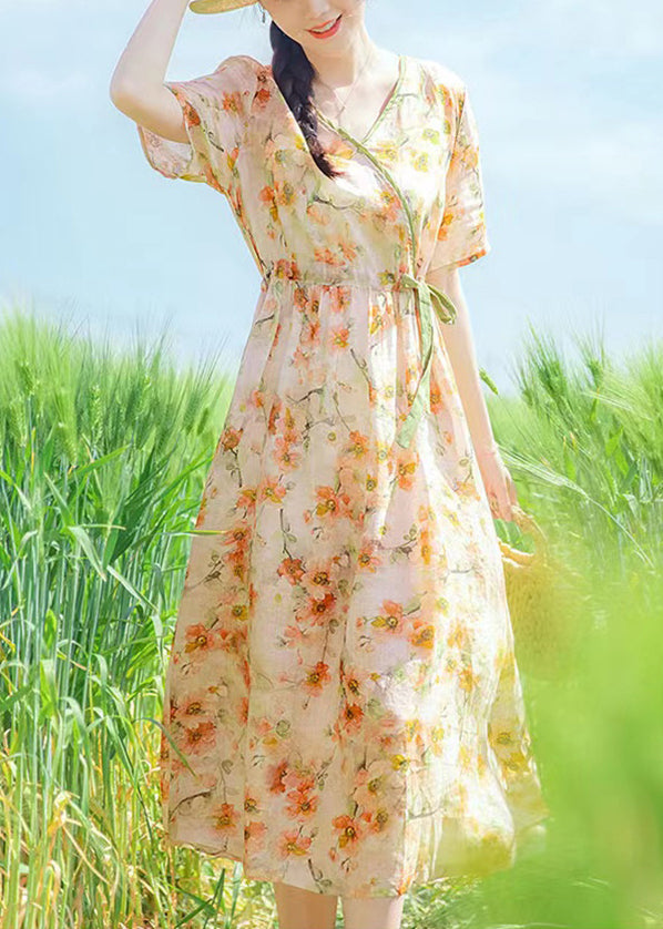 V Neck Print Drawstring Linen Dresses Summer