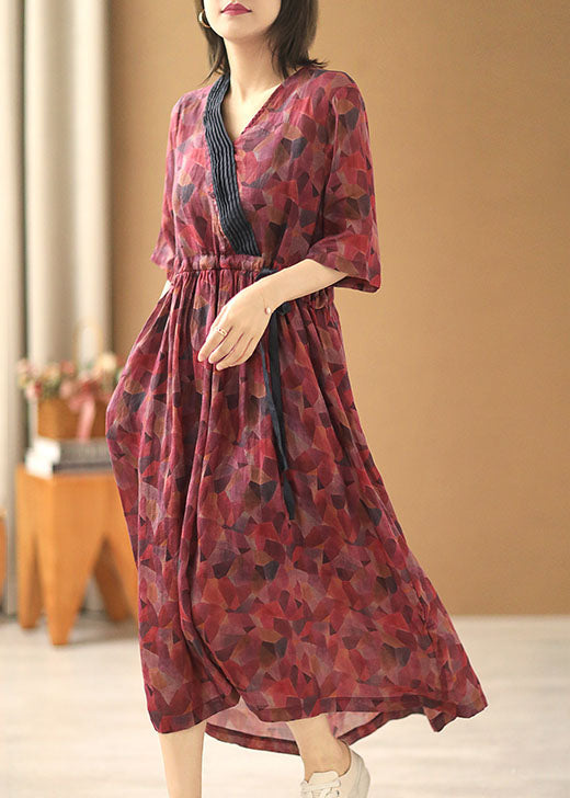 Red V Neck Tie Waist Wrinkled Print Linen Cinch Dresses Short Sleeve