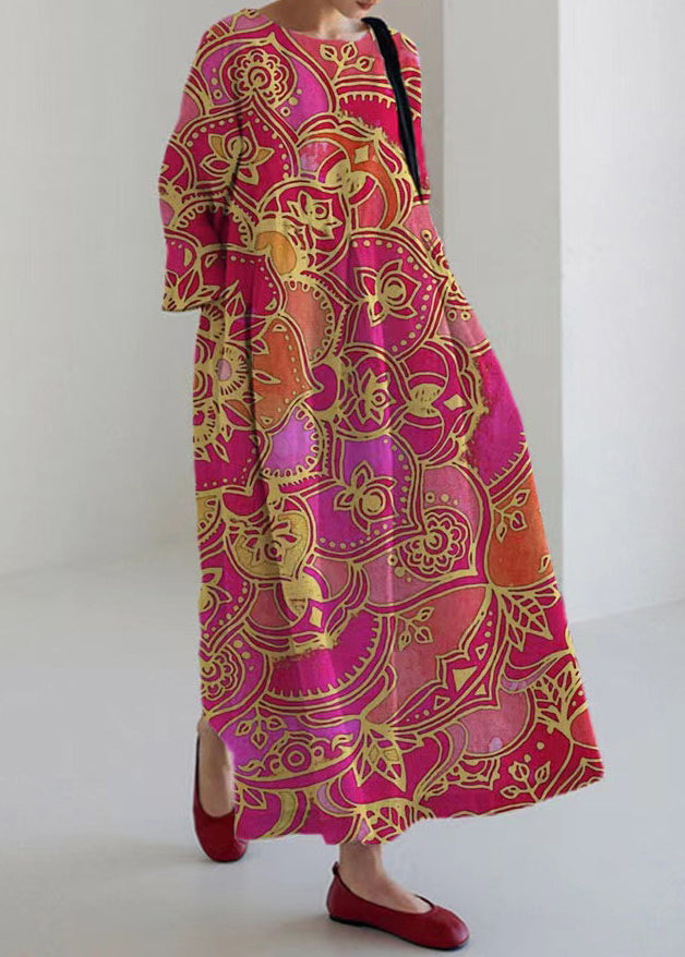 Italian Purple O-neck Print Pockets Party Maxi Dress Bracelet Sleeve