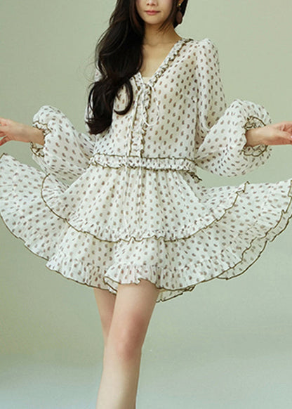 White Ruffled Print Shirts and Skirts Chiffon Two Piece Set Fall