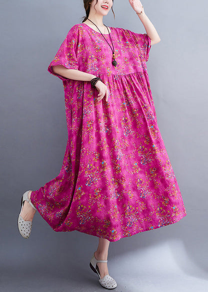 Rose Print Patchwork Long Dresses Short Sleeve