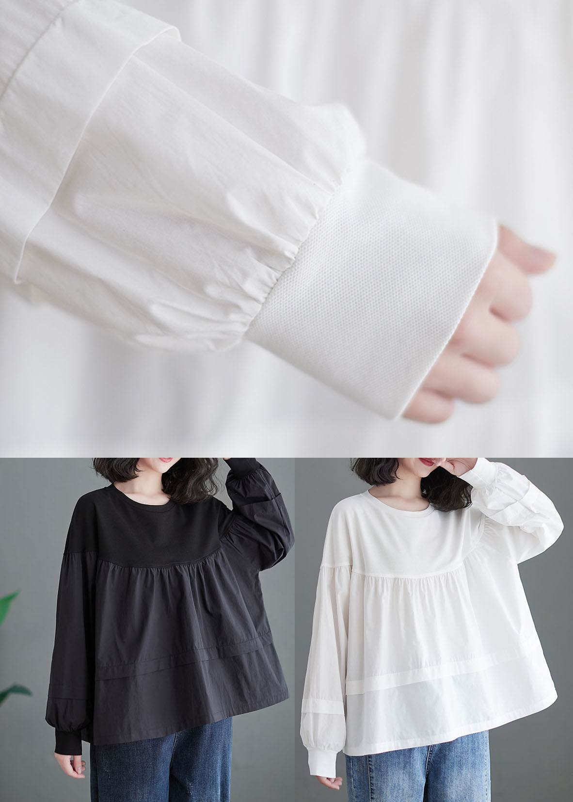 Black O Neck Patchwork Cotton Shirt Tops Spring