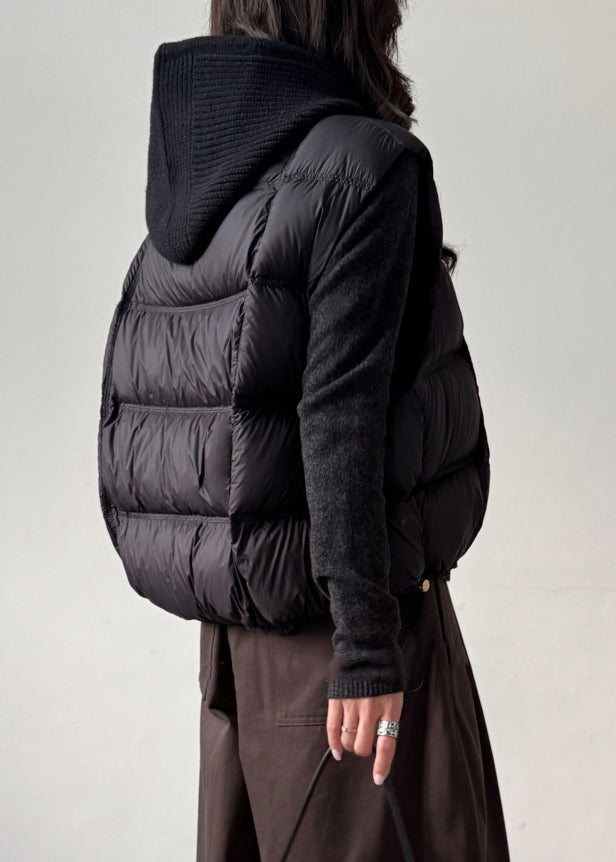 Black Zippered Pockets Knit Patchwork Duck Down Waistcoat Sleeveless