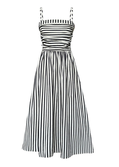 French Striped Cold Shoulder Wrinkled Spaghetti Strap Cotton Dress Summer