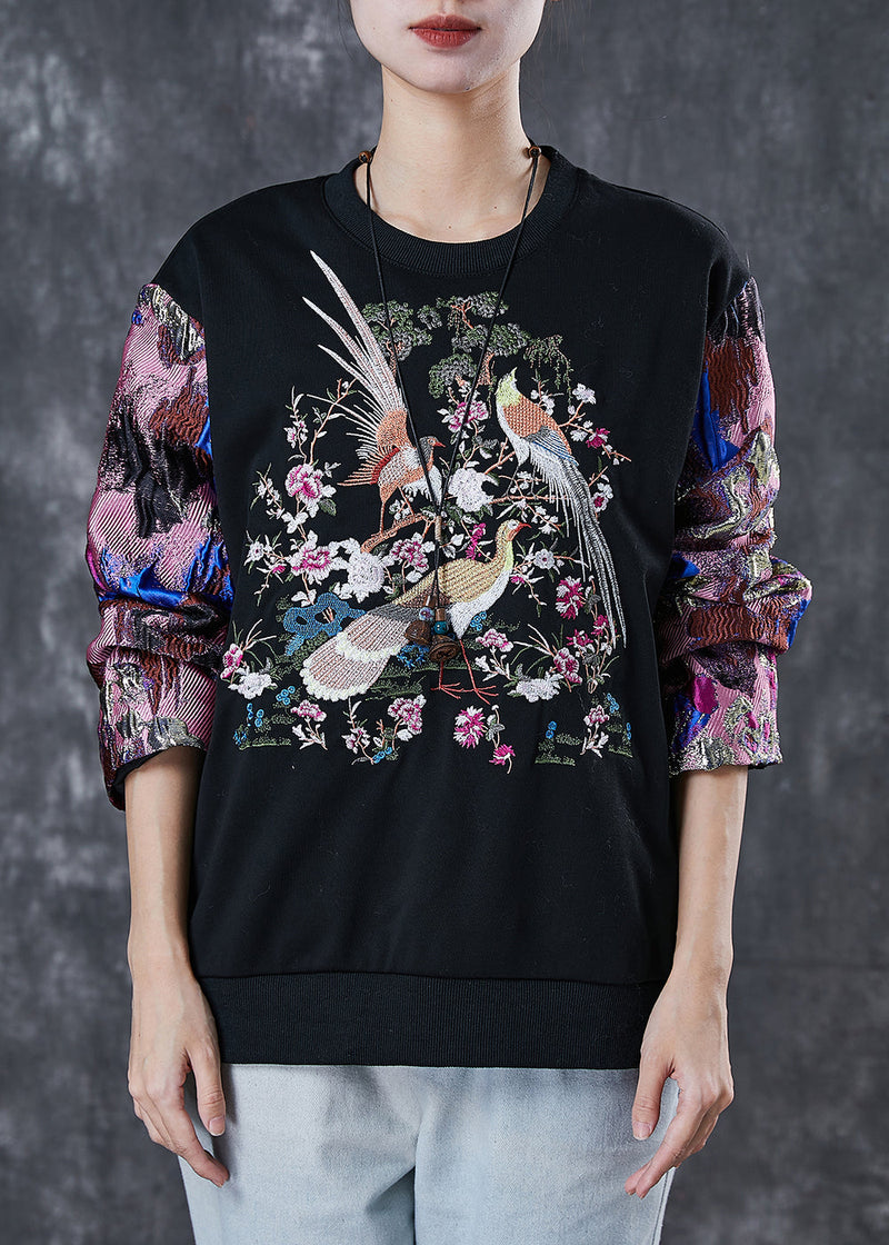 Black Embroidered Patchwork Cotton Sweatshirt Spring