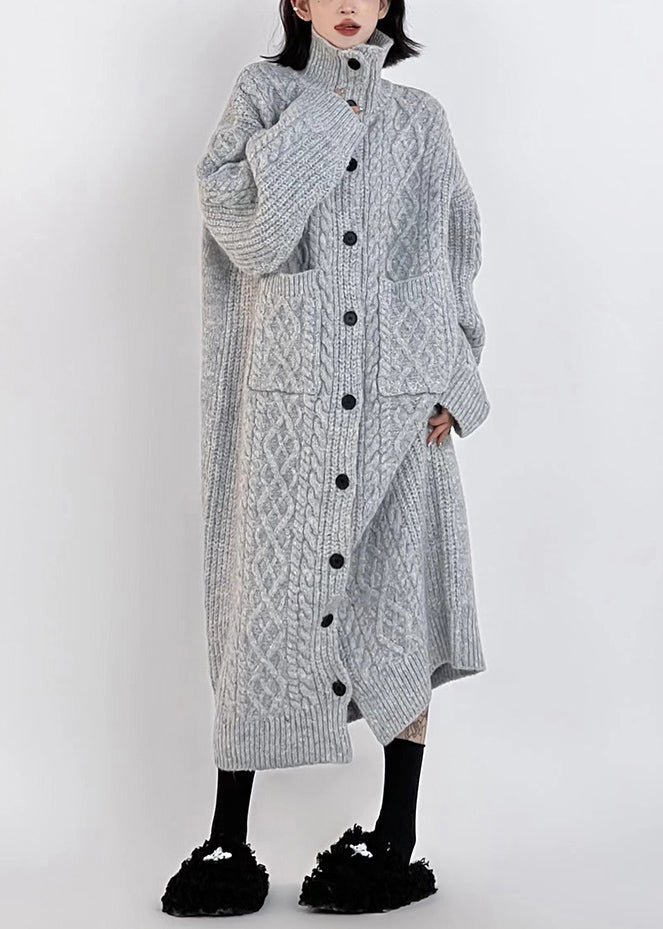 Grey Hign Neck Button Long Knit Cardigan Winter