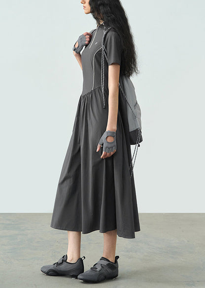 Summer Dark Grey Stand Collar Wrinkled Splicing Dress