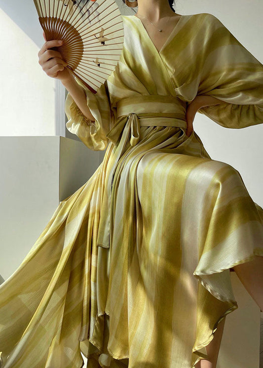 Light Green V Neck Asymmetrical Exra Large Hem Silk Cinch Dresses Puff Sleeve
