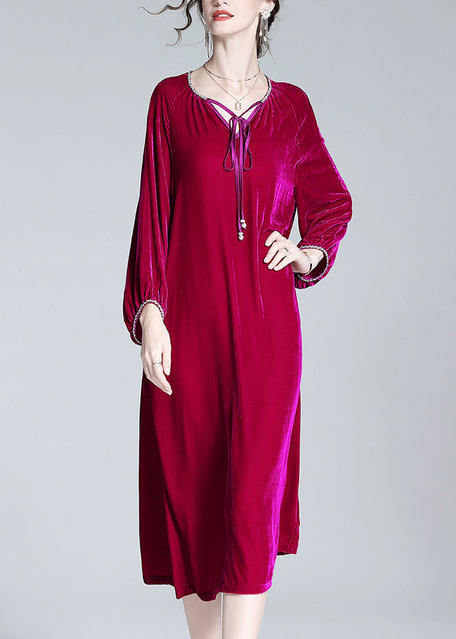 Handmade Red V Neck Neck Tie Velour Maxi Dress Spring
