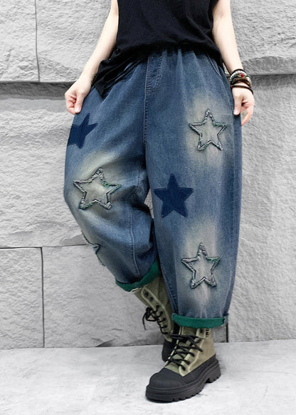 Blue Five Pointed Star Patch Elastic Waist Denim Harlan Pants Spring